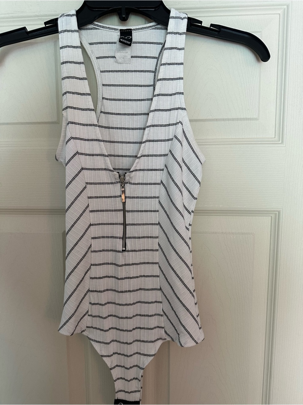 Windsor White Striped Ribbed V-Neck Bodysuit with Front Zip